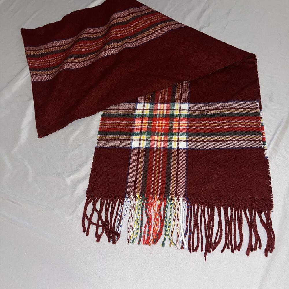 D&B Pashmina Maroon Red Plaid Cashmere Feel Scarf Fringe Winter Soft